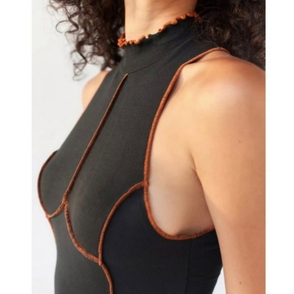 Urban Outfitters Deja Black Halter Mock Neck Ribbed Exposed Seamed Mini Dress - Picture 4 of 10